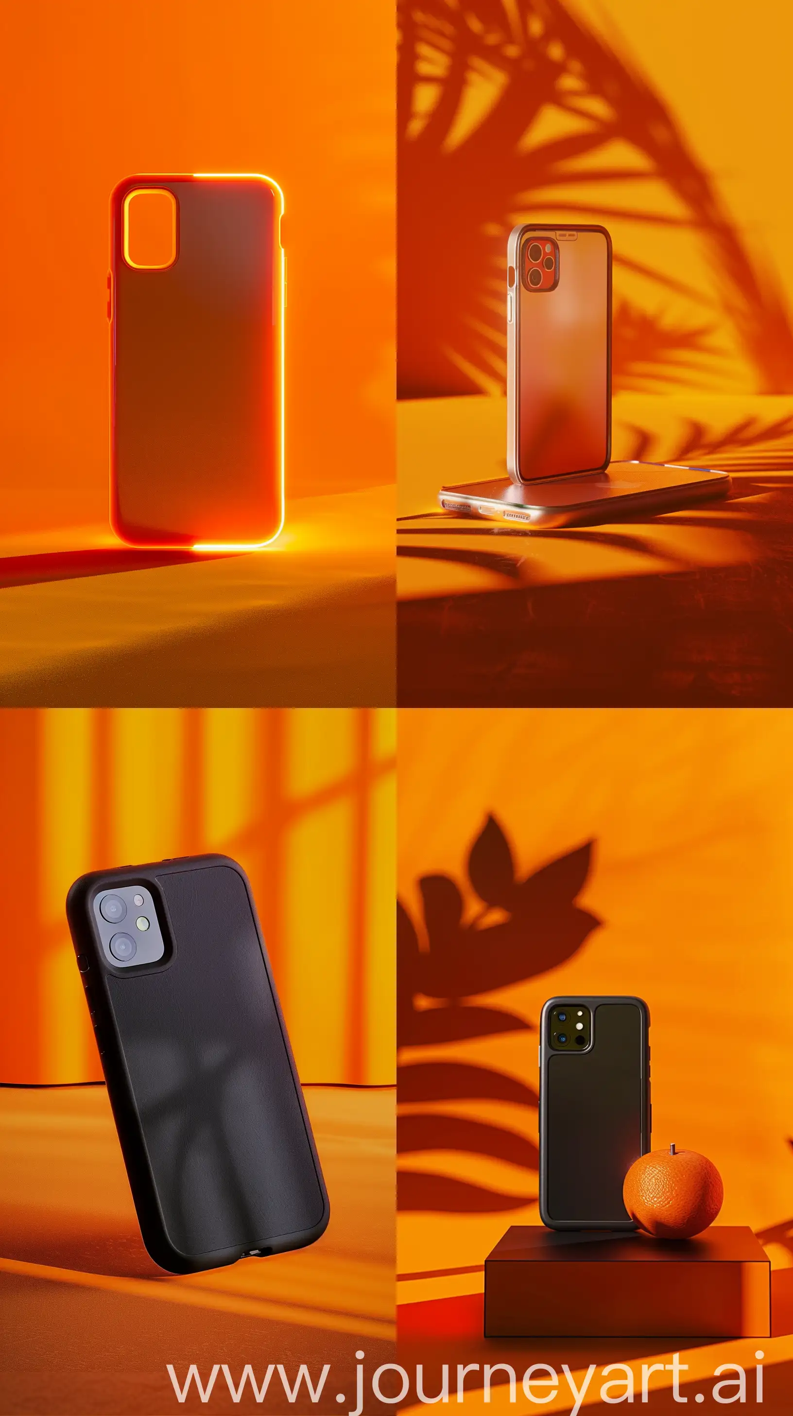 A cell phone on a case, LED Warm Lighting, Promotional Ambiance, C4D Realistic Style, Soft Shadows, Orange Tone Background, Shot with a Hasselblad Camera, ISO 100 Professional Color Grading, Still Life Photography, Commercial Photography, Premium --ar 9:16