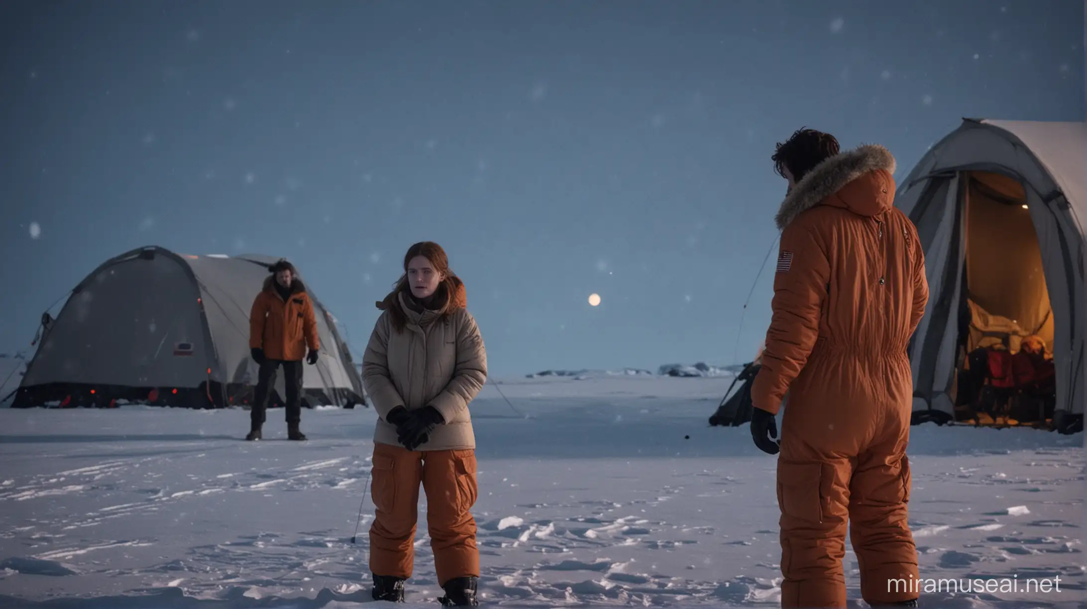 cinematic still, film by john carpenter, the thing, antarctica, night, snowstorm, tent, pedro pascal, rose leslie, snowsuit, talking