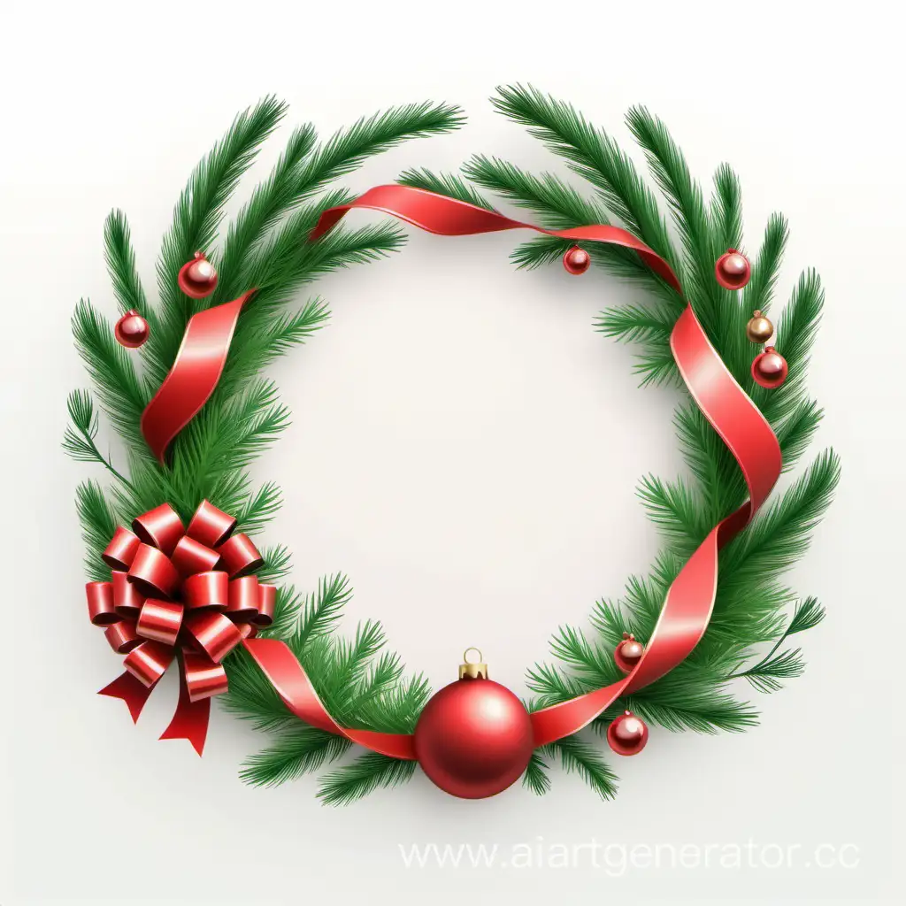 simple icon of a 3D Christmas Ball Ribbon Pine Branches And Green Leaves Border bouquets floral wreath frame, made of border flowers. white background.