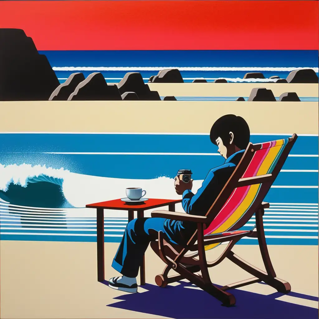 Hiroshi Nagai's artistic style is characterized by his unique and vibrant approach. Primarily focusing on surf culture and tropical landscapes, he employs distinctive color palettes and a flat, graphic representation. Nagai's paintings combine bright hues with abstract shapes, evoking an optimistic and warm sentiment in the viewer.
Face Up, A Boy, Coffee to Go