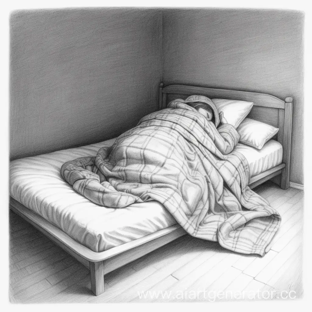 Рисунок карандашом. Человек лежит на кровати укутавшись одеялом. Под кроватью руки