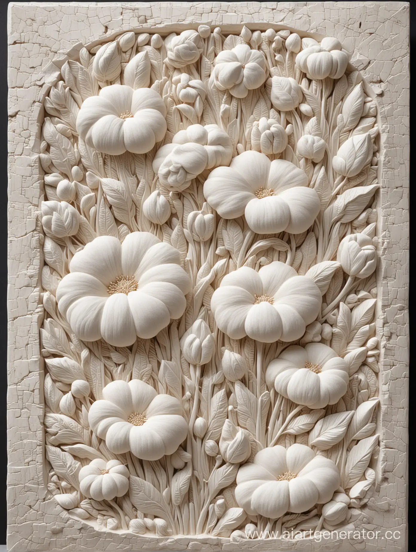 white basrelief sculpture  of stoned dry cotton