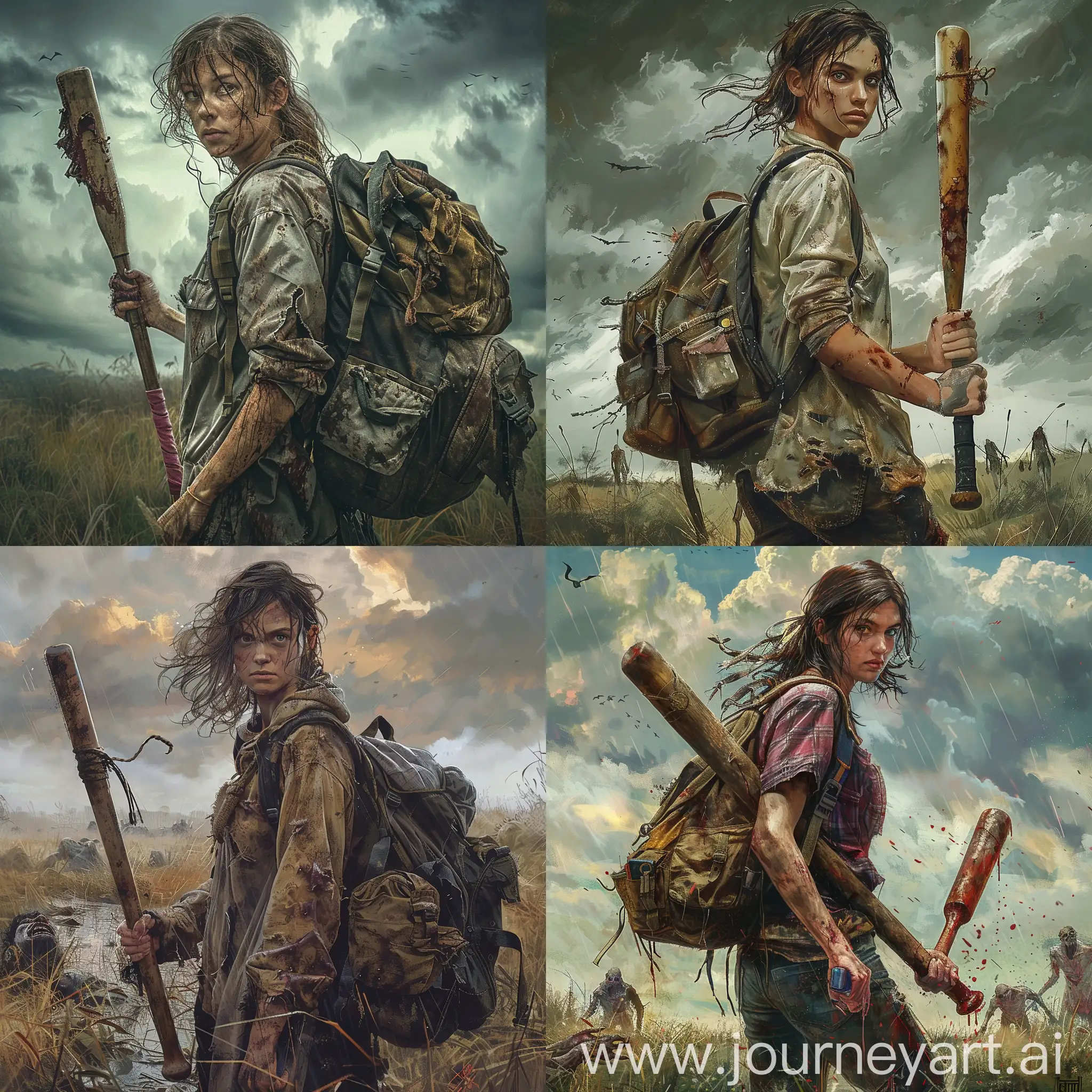 a woman in stale clothes and with a backpack and a baseball bat, a survivor in a post-apocalyptic zombie landscape, full-length perspective, facing the viewer, harsh realism, unsaturated color palette, dynamic composition, atmospheric lighting, problematic textures, cloudy weather