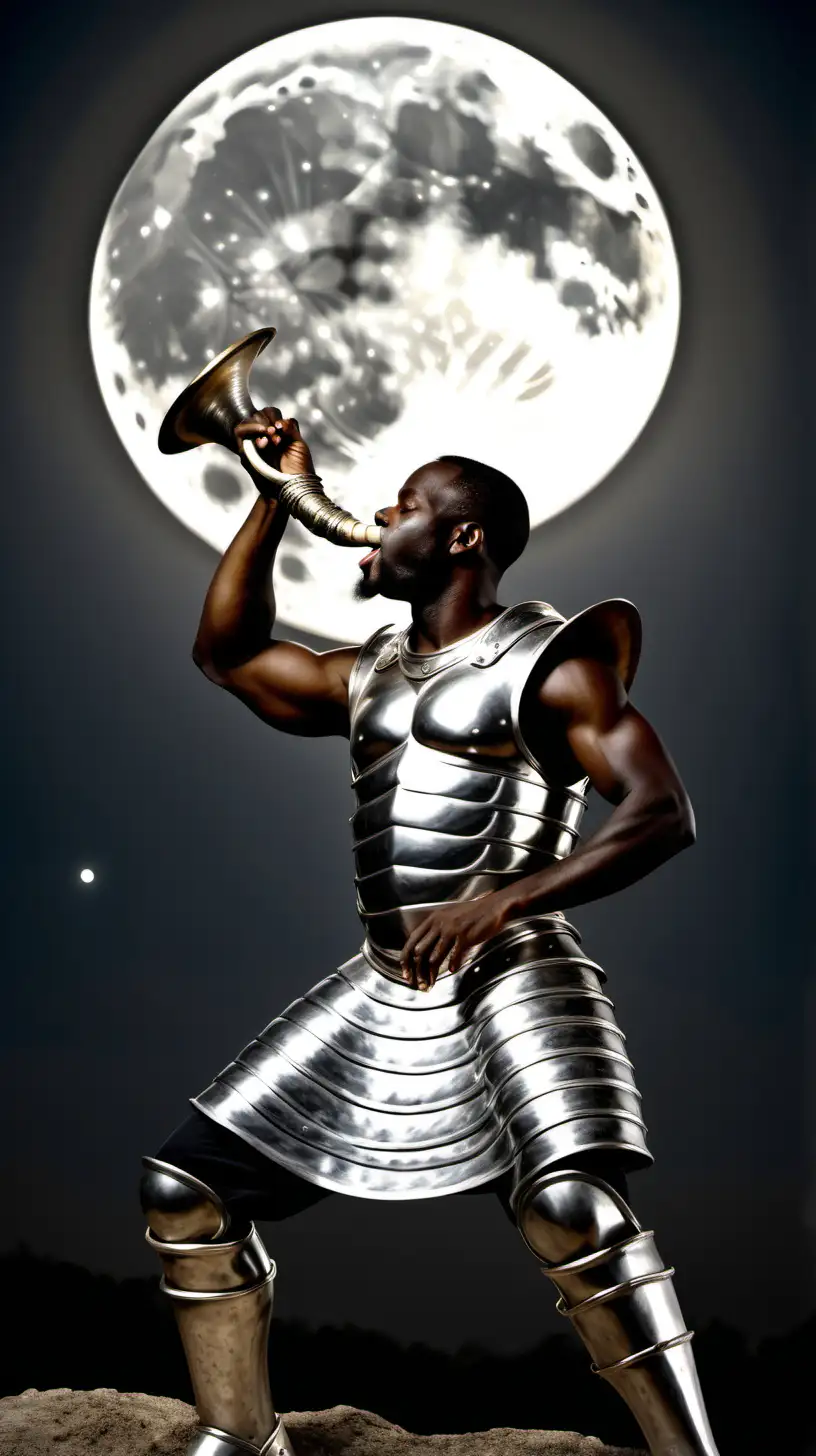 AfricanAmerican Man in Rustic Silver Armor Blowing a Shofar under the Giant Full Moon at Night