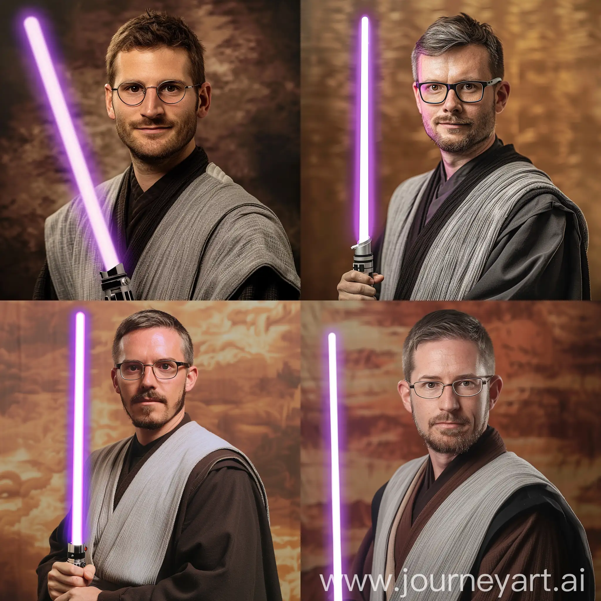 A 5’9 Caucasian male with rimless glasses, short brown hair and brown eyes, and a short well trimmed brown beard with hints of grey, dressed as a Jedi with grey and black robes and a purple bladed lightsaber in his left hand