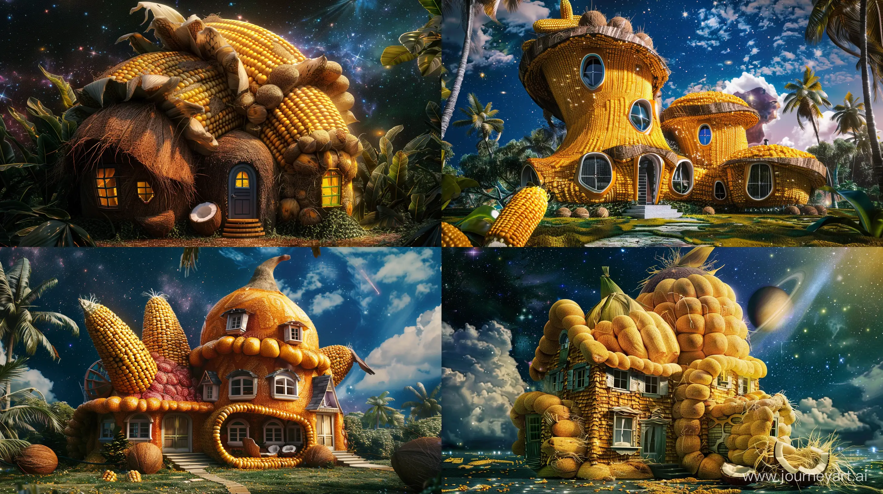 big house in the shape of corn and coconut, in the galaxy, fantasy style, realistic --ar 16:9