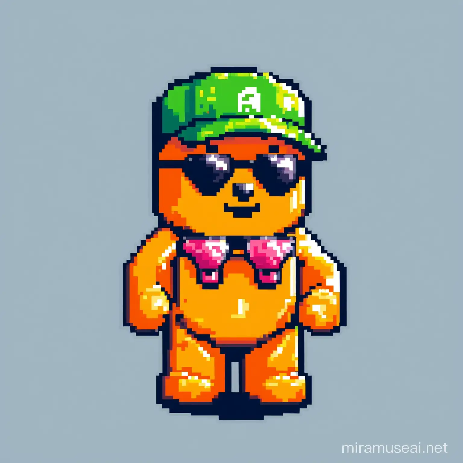 Funny and raandom colored 8 Bit solo gummy bear Mascot for Crypto Meme Token. Random accessories like cap or sunglasses or joint