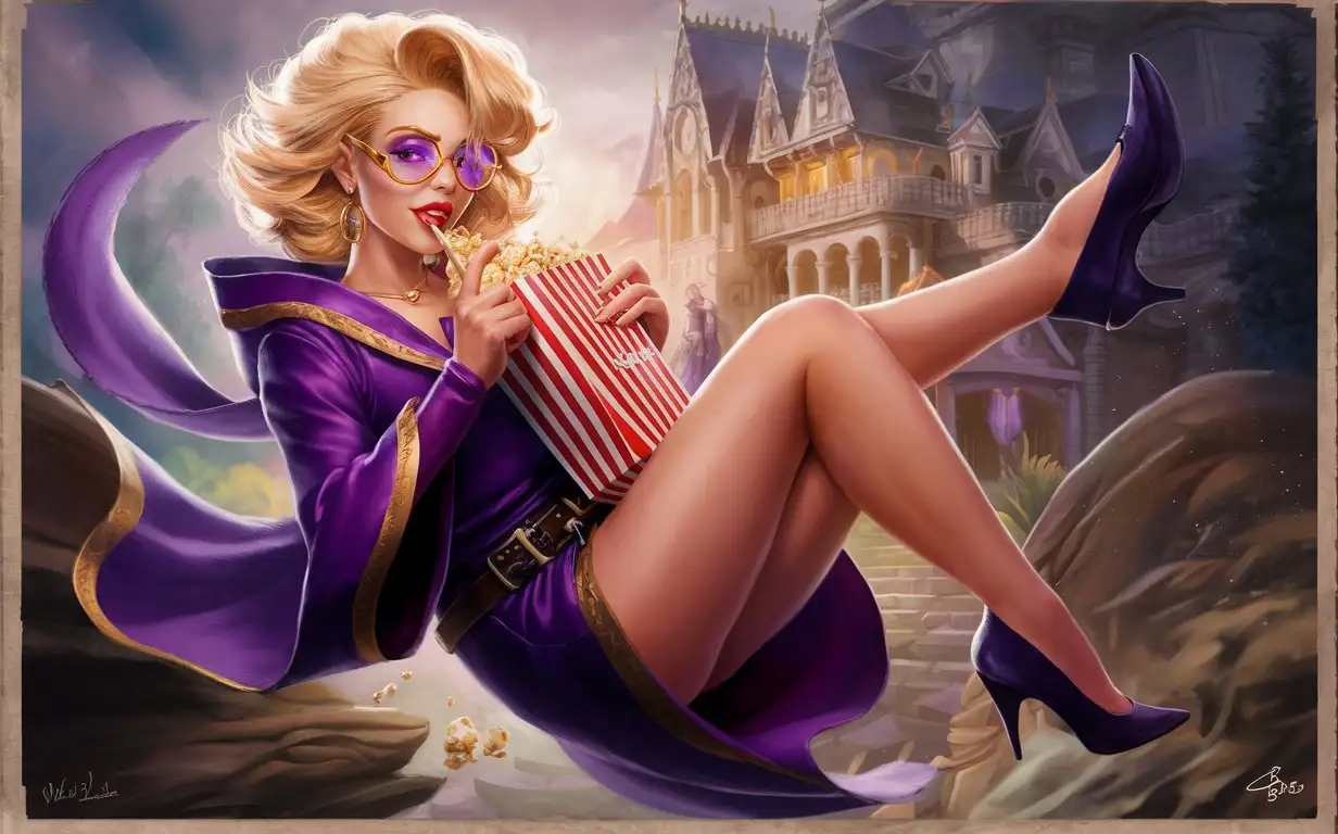 A gorgeous, bimbo, blonde woman wearing a  purple wizard's robe, she wears gold framed glasses with purple lenses. She's lounging in the air above the floor in a manor. eating popcorn from a white and red striped bag. Fantasy. Magic. Dungeons and dragons. Magic the gathering style art.  Landscape, pinup, poster.
