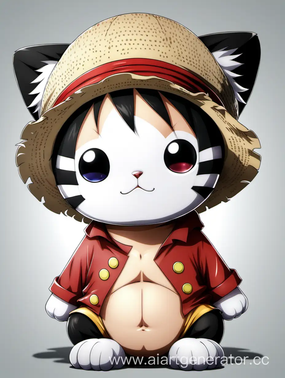 Милый котик в образе Луффи из аниме One piece. 