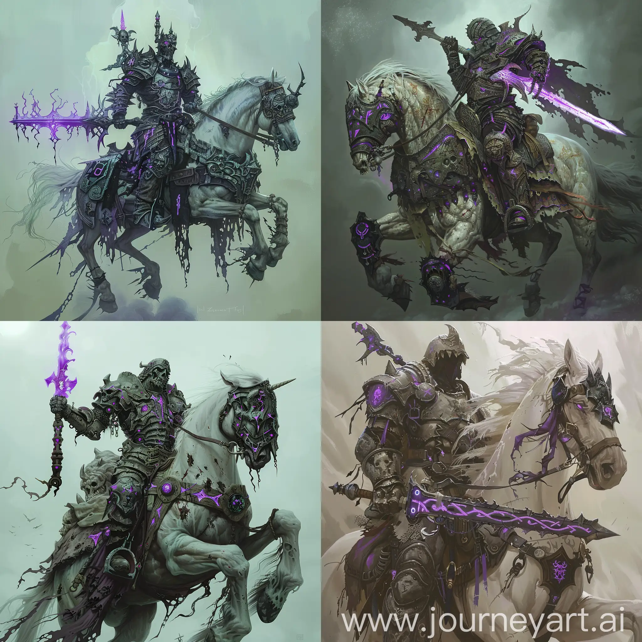 Fantasy, large humanoid with dark fantasy armoured with tattered and dark purple runes, mounted on top of a ghostly pale horse and wielding and intricate greatsword with purple glowing runes across the blade, a wrist mounted shield with a black greatwyrm crest on it