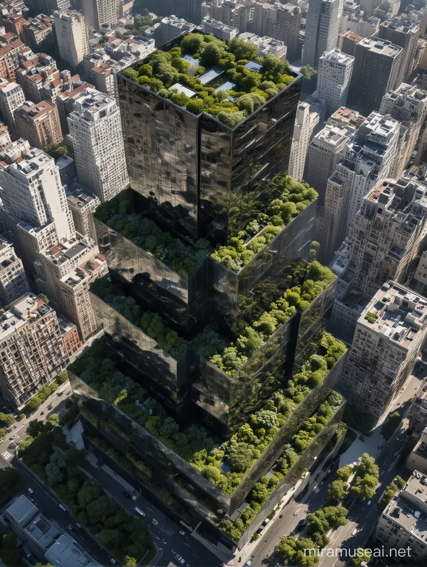 / Eco-friendly, tower, terraced building with lush rooftop gardens and fluid lines, sublime and visionary, designed by Stefano Boeri 32k many cubic black glass architecture , drone view, with clouds hyper- realistic photo