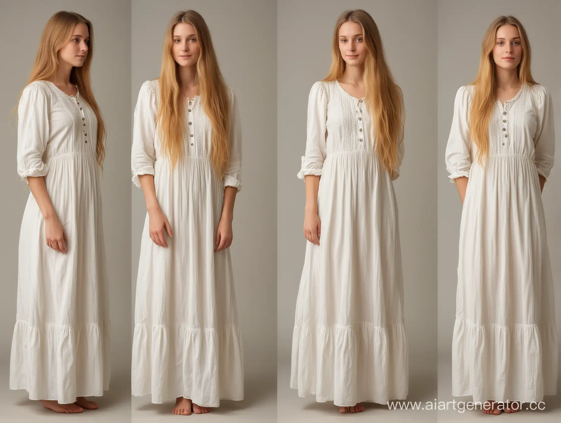 Девушка 27 лет, с длинными золотистыми волосами, спокойная, одетая в легкое домашнее светлое платье без лишних украшний, конца 19 века, вид с трех ракурсов, в полный рост