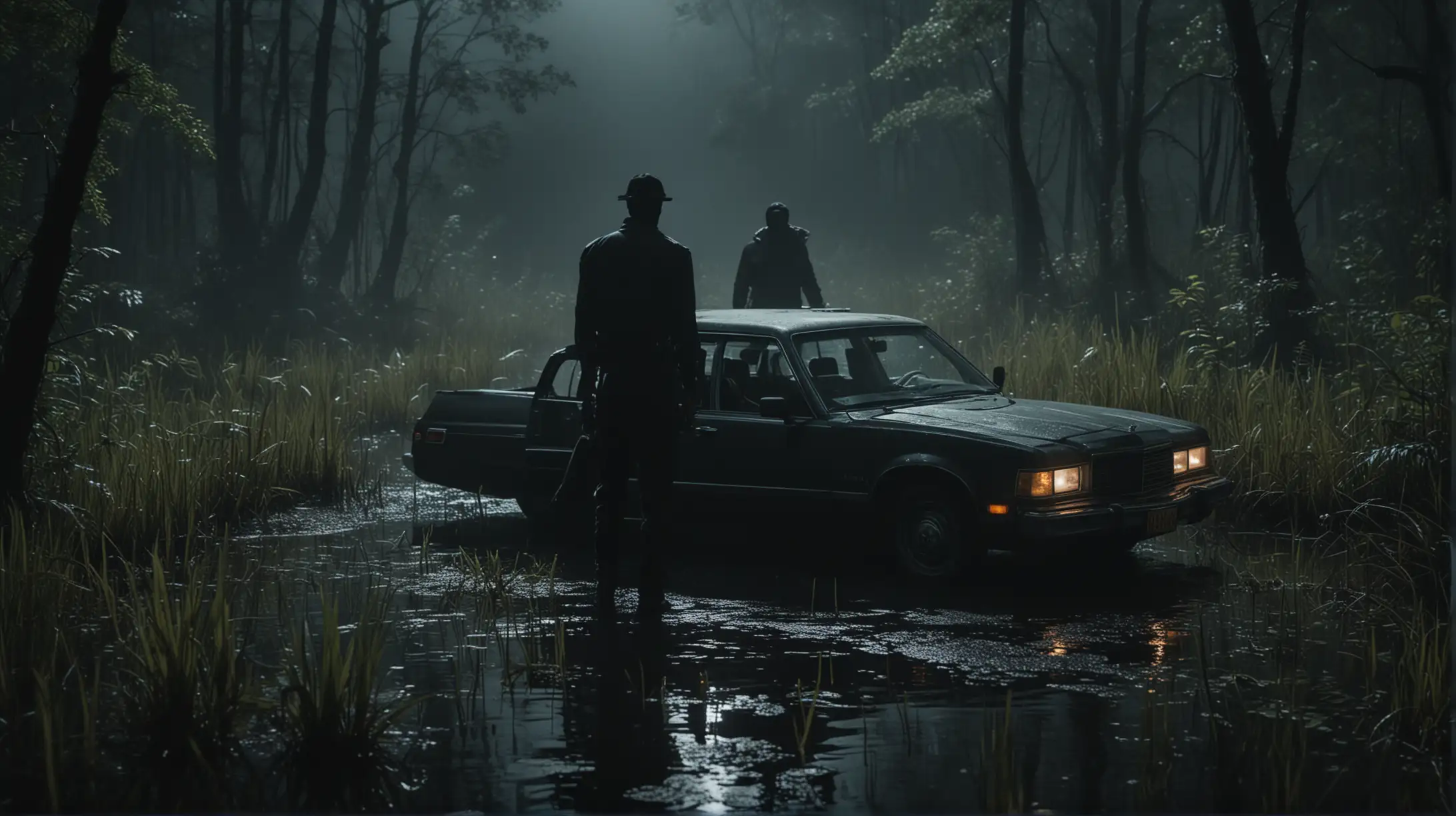Generate a cinematic image of two black henchmen in a swampy area at night next to a 80s sedan with an open trunk.