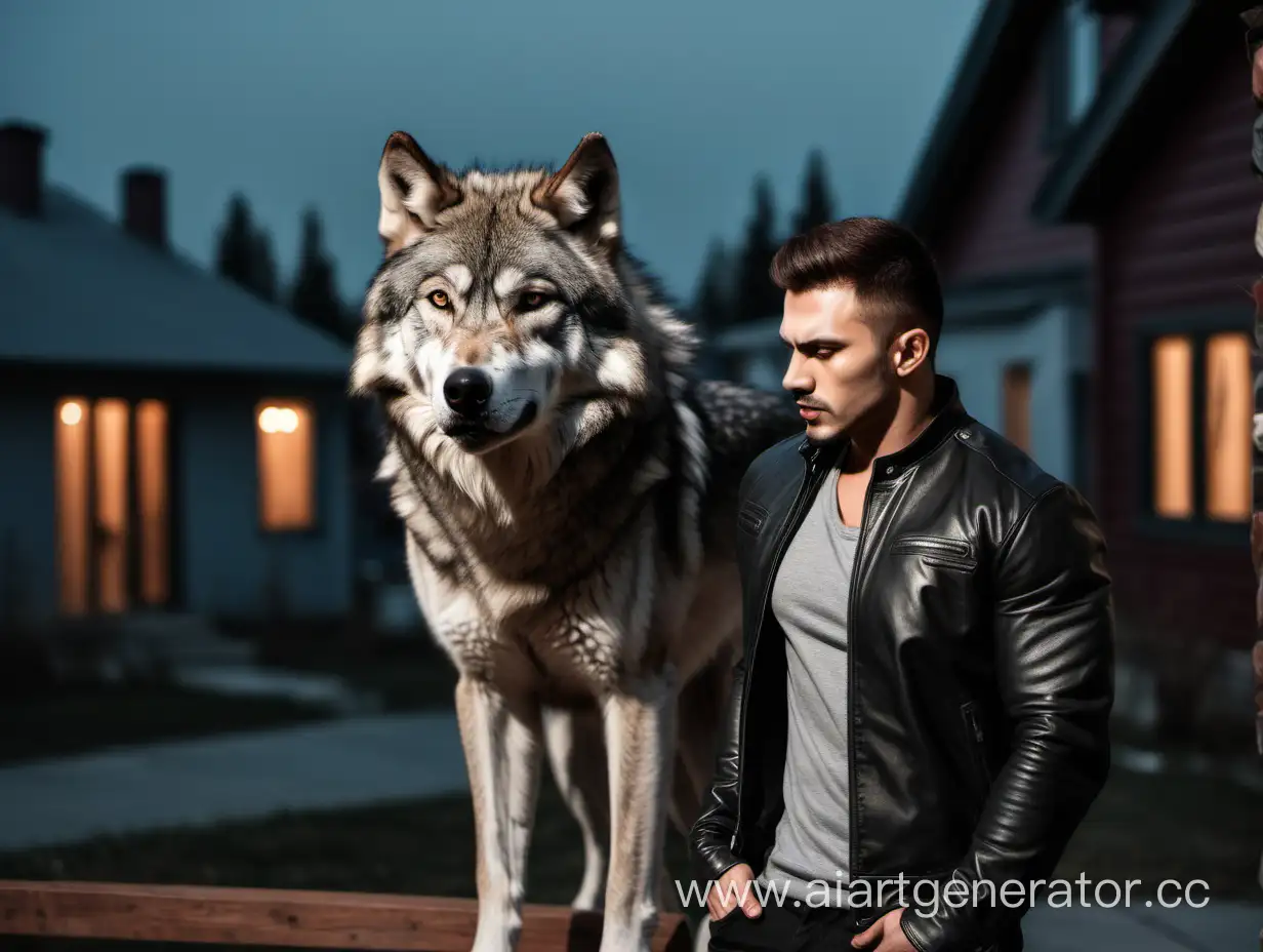 Мускулистый парень в кожаной куртке  смотрит на серого волка. Фон вечерние дома