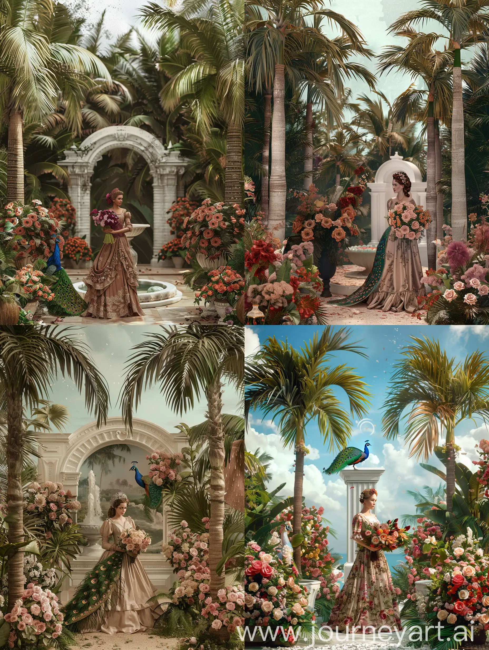 Realistic Tropical Victorian Flower Garden with a Victorian Woman in a beautiful Victorian ball gown holding a bouquet of flowers. Tall coconut trees both sides. A small Water fountain with a peacock in the fountain. A  big vase of roses. A tall white monolithic arche.