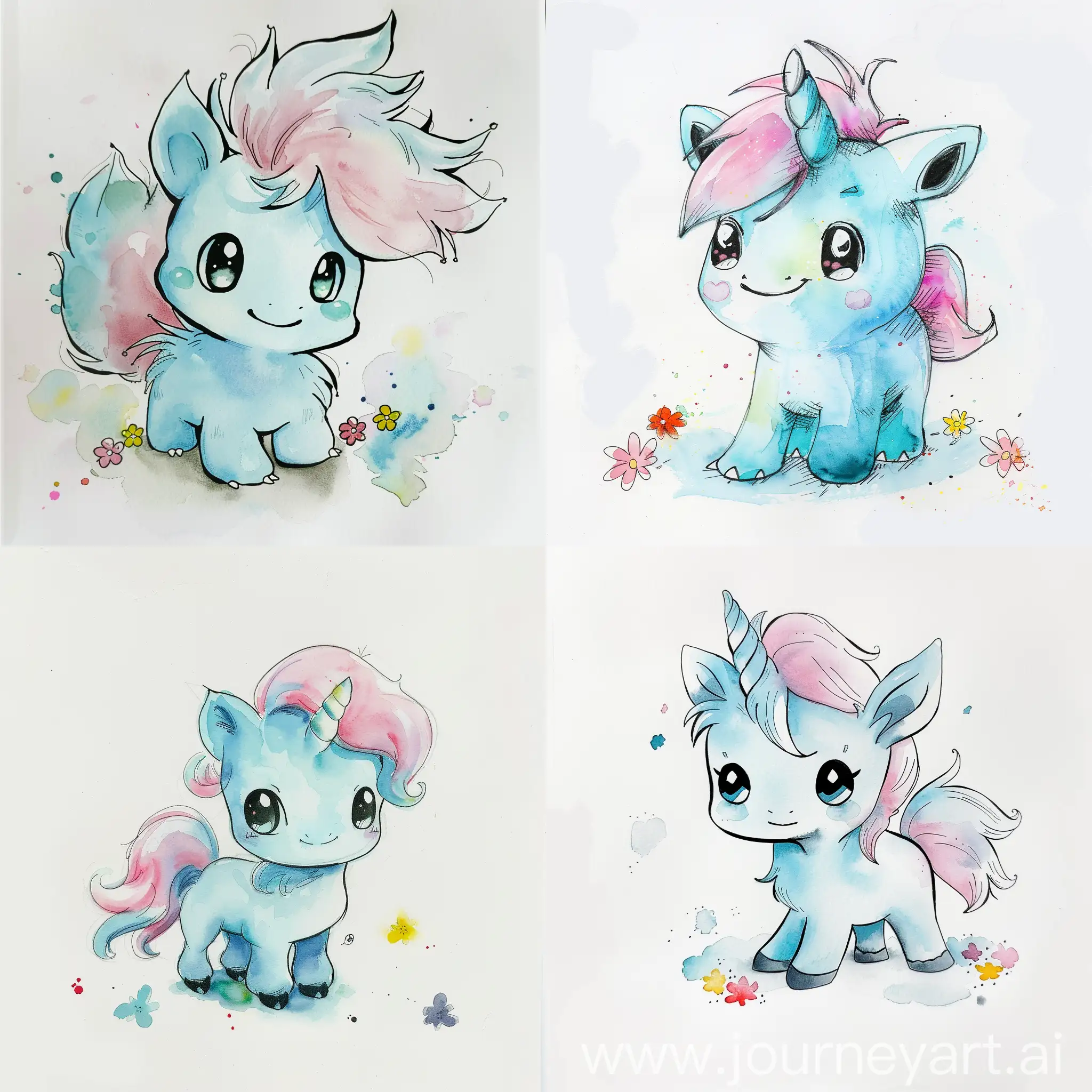 A watercolor painting in the style of Pokemon with black line art. Imagine a cute, two-legged creature with soft blue fur and a flowing pink mane. It has big, curious eyes and a playful smile. The Pokemon stands alone on a clean white background, with a few colorful flowers scattered around its feet.