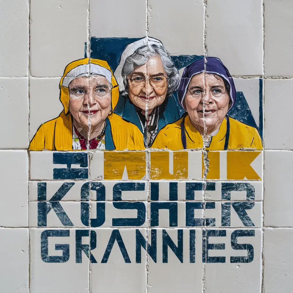 logo, Israel, yellow, blue, white, Jewish grannies with Israeli headcovers, in white tiles,  with the text "Kosher Grannies", typography, be used in art industry