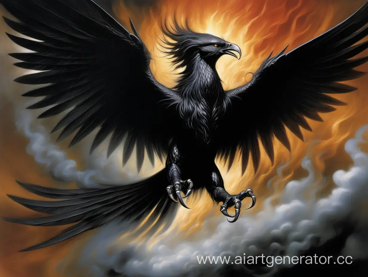 чёрный, из дыма феникс в полёте, с расправленными крыльями, атакующий, в стиле Бориса Вальехо.