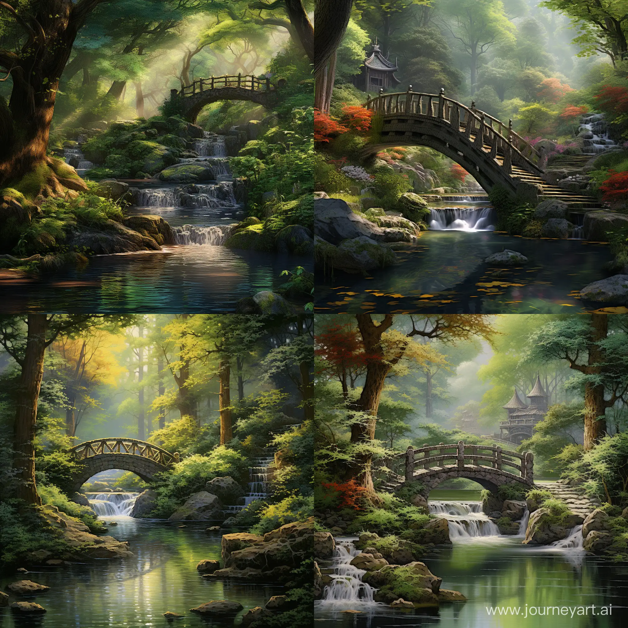 Tranquil-Water-Haven-Enchanting-Stream-and-Wooden-Bridge-Amidst-Nature