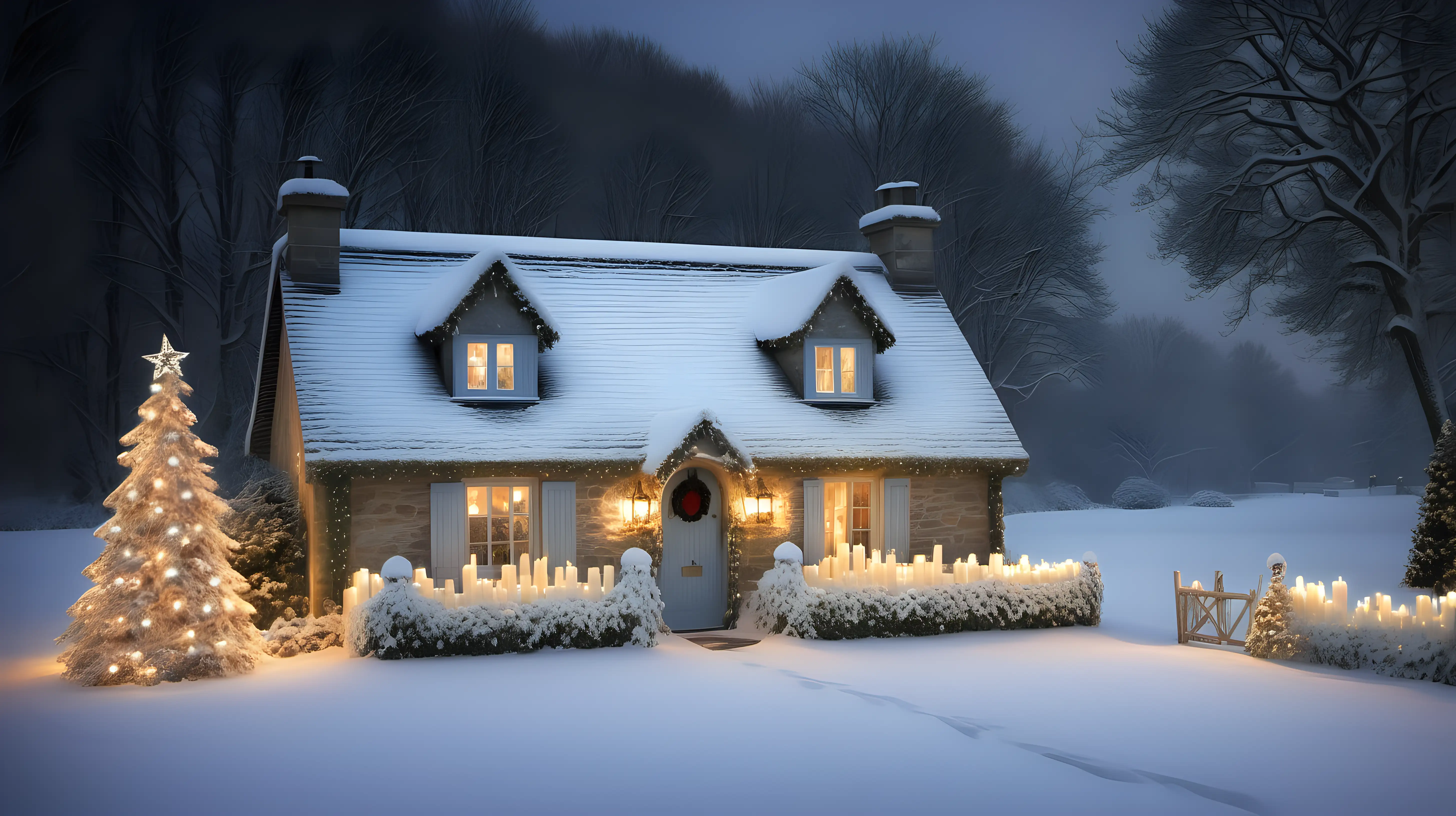 Cozy Countryside Cottage Covered in Snow with Glowing Christmas Candlelight