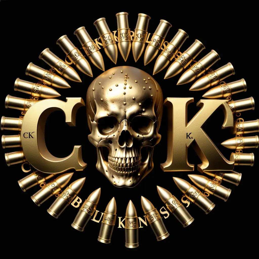 Black background. Hyper realistic skull made of gold. Underneath the letters "CK" in old English font. Two .308 bullets cross behind the skull