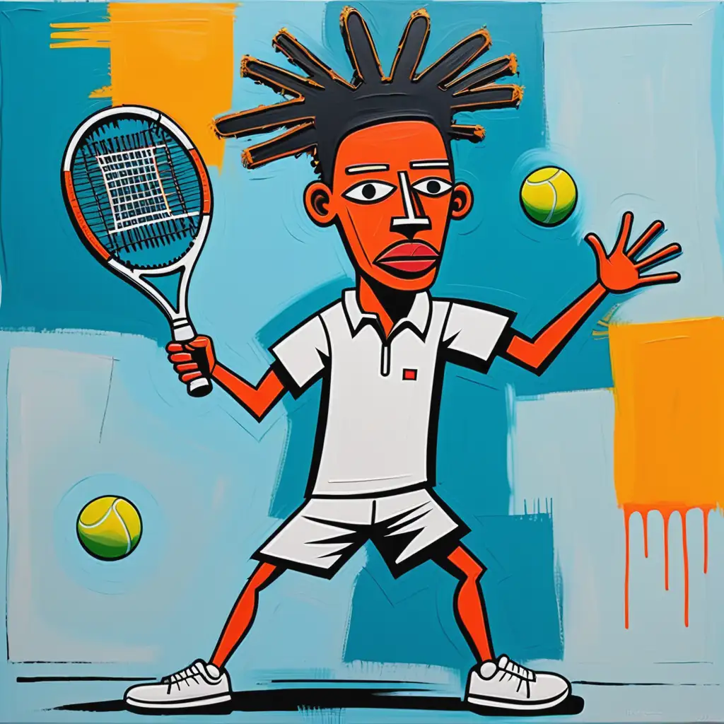 Peinture d'un joueur de tennis  style art moderne inspiré de jean Michel   basquiat et picasso
