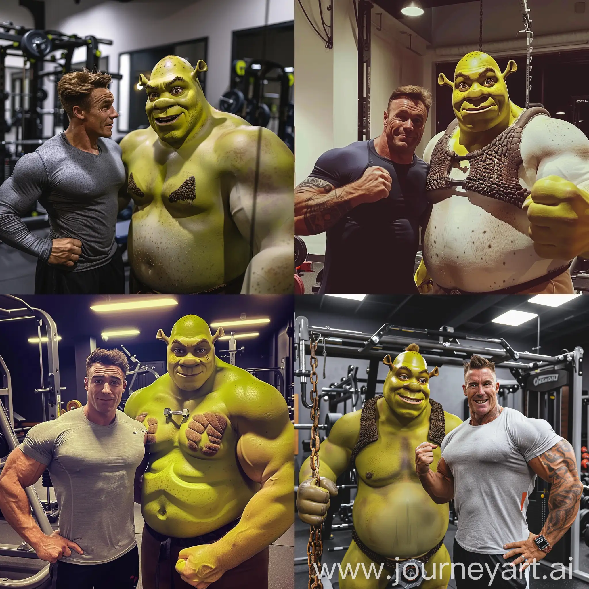 Billy Herrington in the gym does sports exercises with a pumped-up shrek who has expressive cheekbones and abs