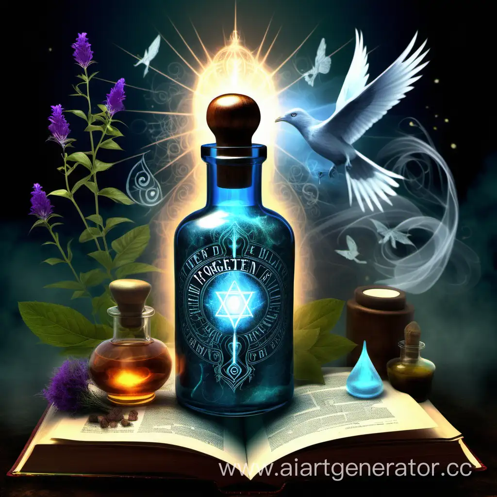 /imagine prompt: Design for an ebook cover titled "Potent Elixirs From the Maker's Mouth," subtitle "The forgotten guide to true healing and well-being. Series 1," featuring a mystical potion bottle emitting ethereal light, surrounded by ancient symbols and herbal elements, capturing a sense of mystery and ancient wisdom,with open bible, Illustration, digital art, --ar 16:9 --v 5