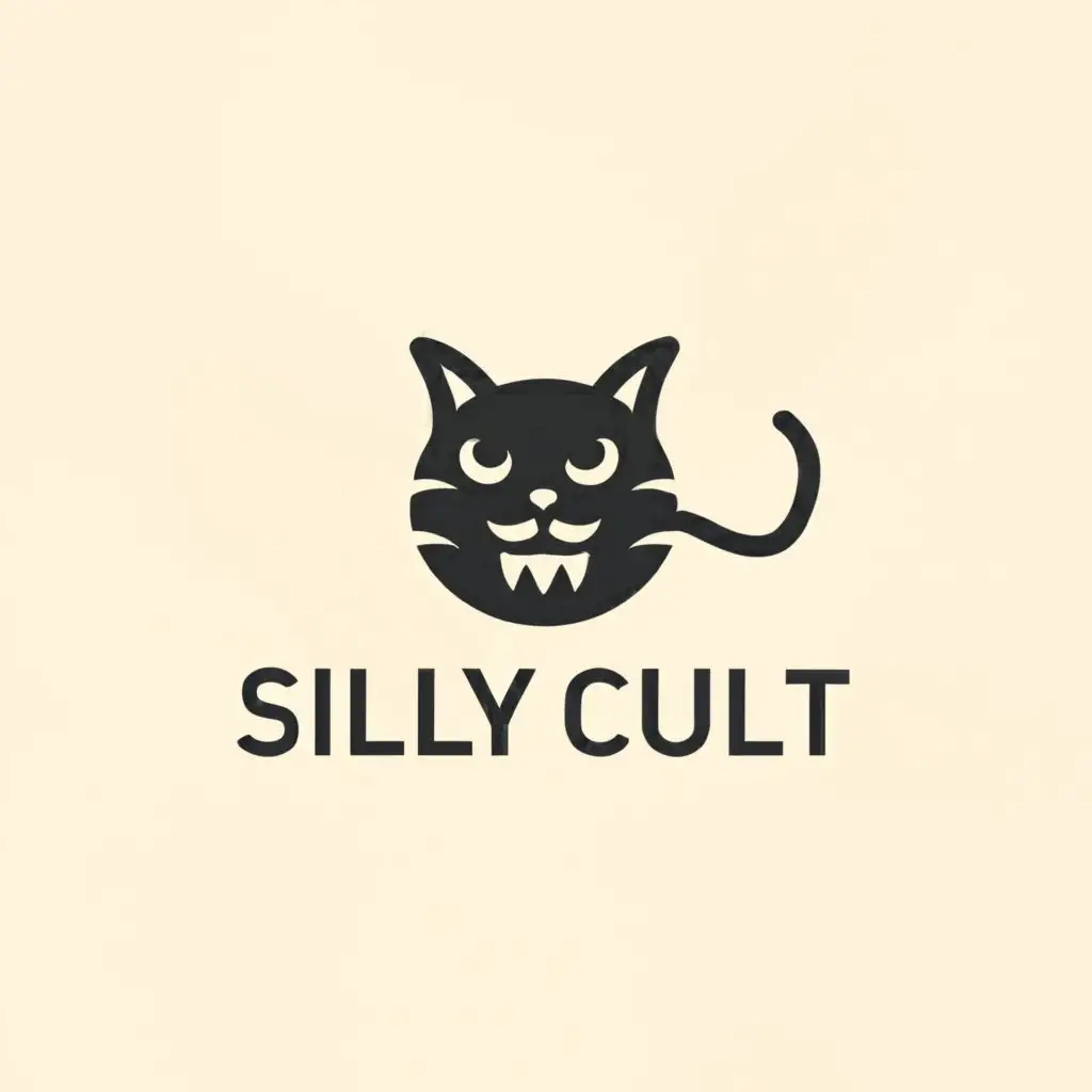 a logo design,with the text "Silly Cult", main symbol:Elegent minimalistic logo. includes scary looking text and small kitten,Minimalistic,be used in Retail industry,clear background