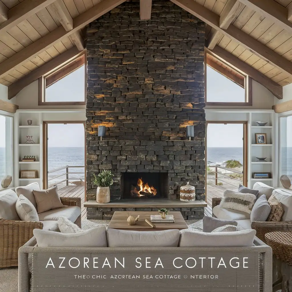 Azorean basalt wall fireplace in comfortable and stylish open beam wood ceiling sea cottage with shelves on either side of the fireplace