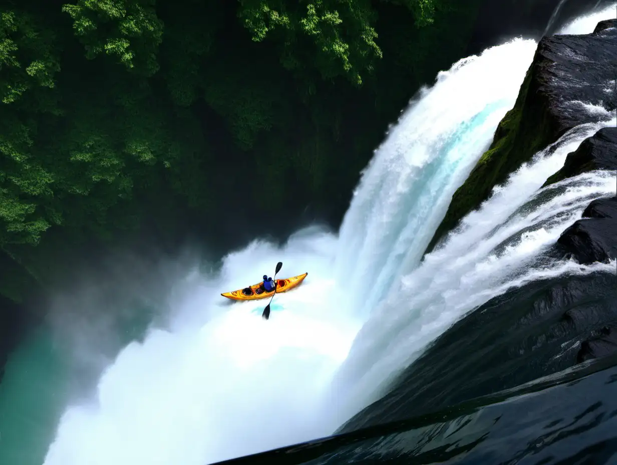 watching kayak approaching the edge of a large waterfall right before descent