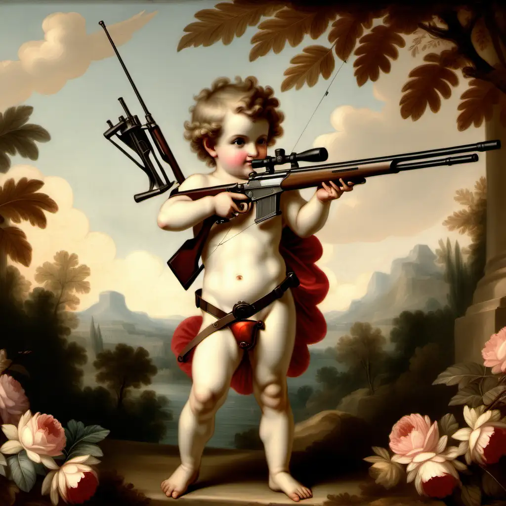Vintage Cupid with Sniper Rifle in Artistic Portrait