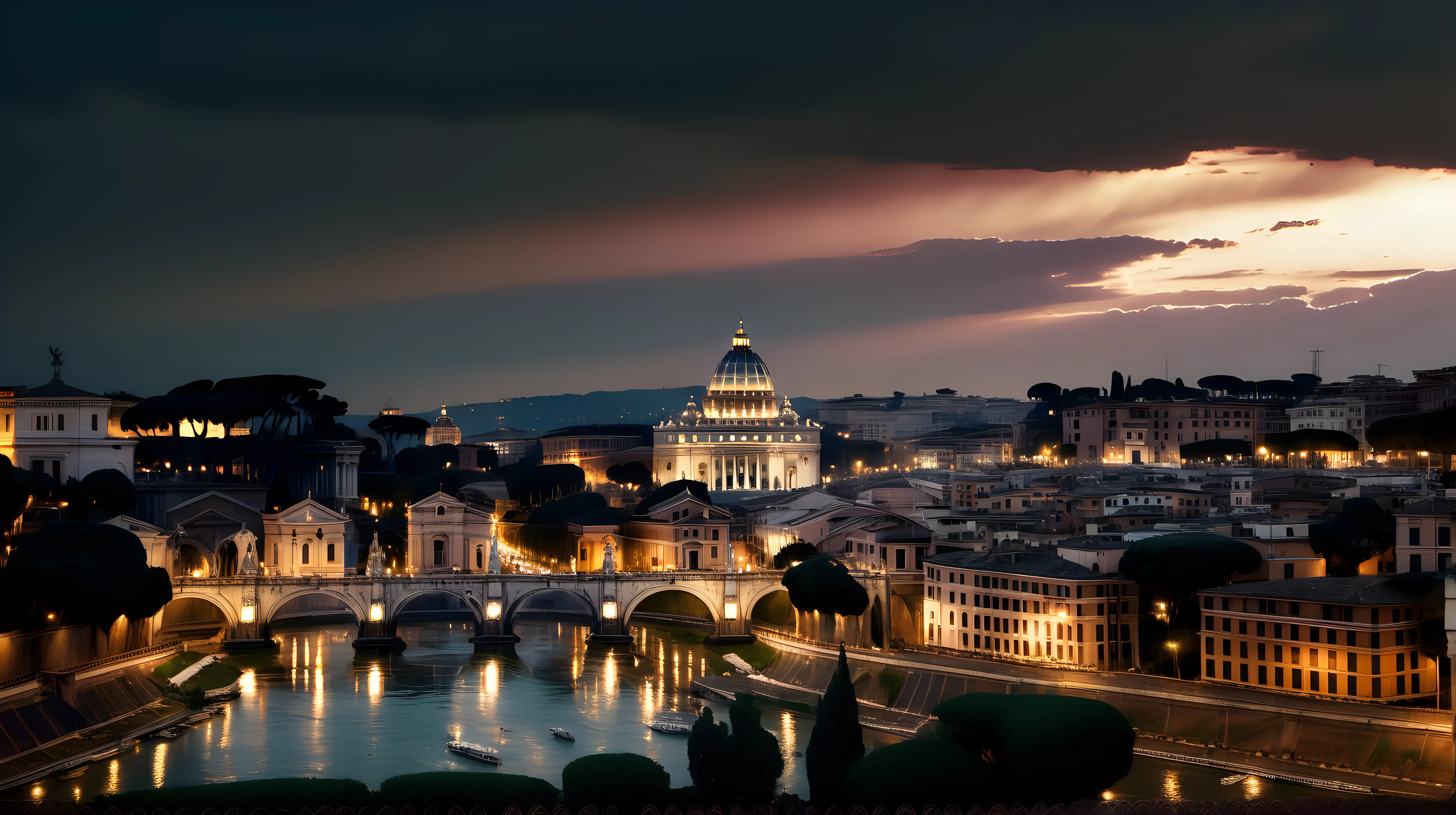 The city of Rome at evening, dramatic sky, cinematic lighting, photographic quality.