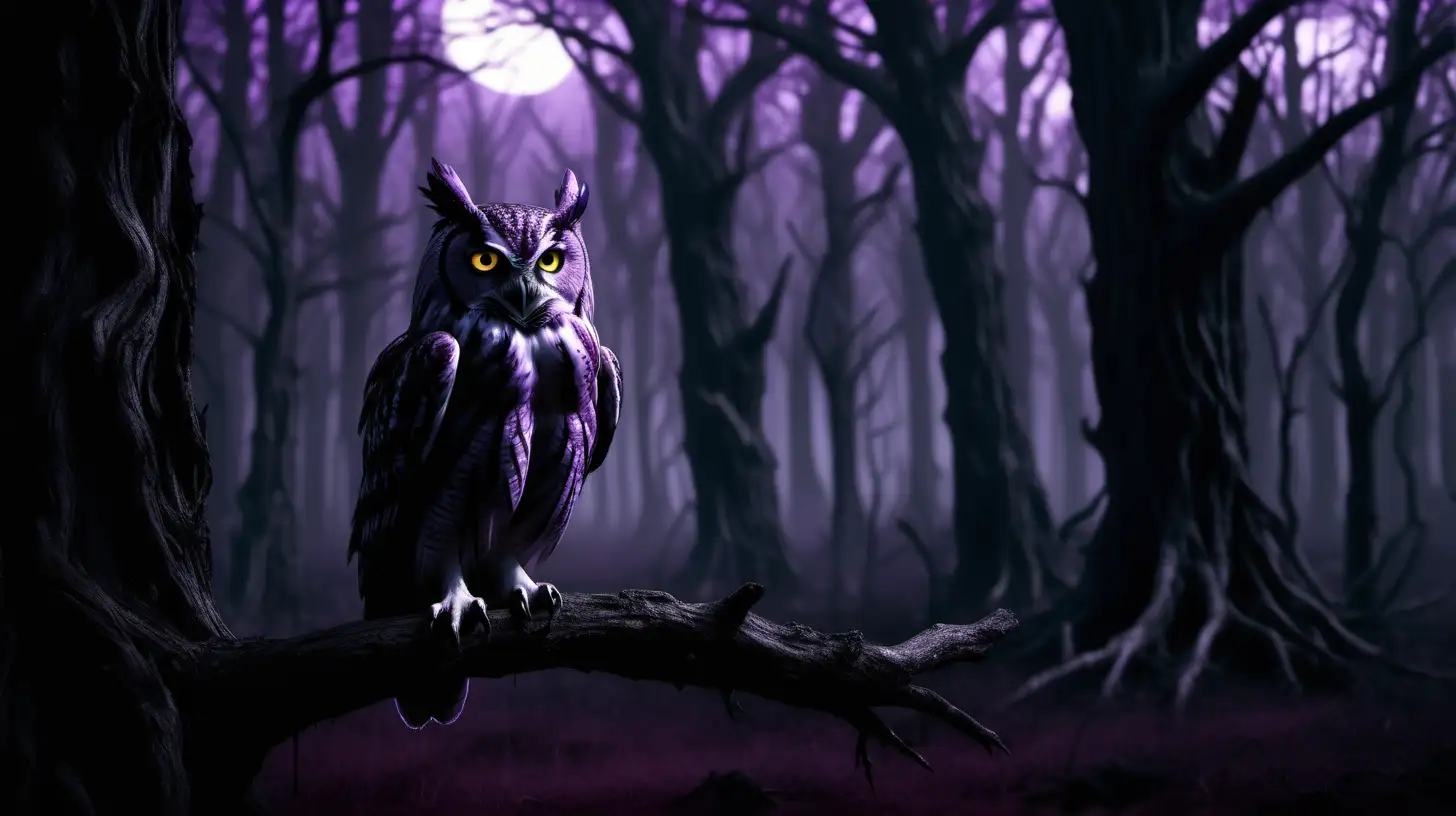 a shadow laden dark gothic magical realm magical forest with various shades of purple, a live angry owl is sitting on one tree, and facing towards camera,   black desolate landscape 4k quality