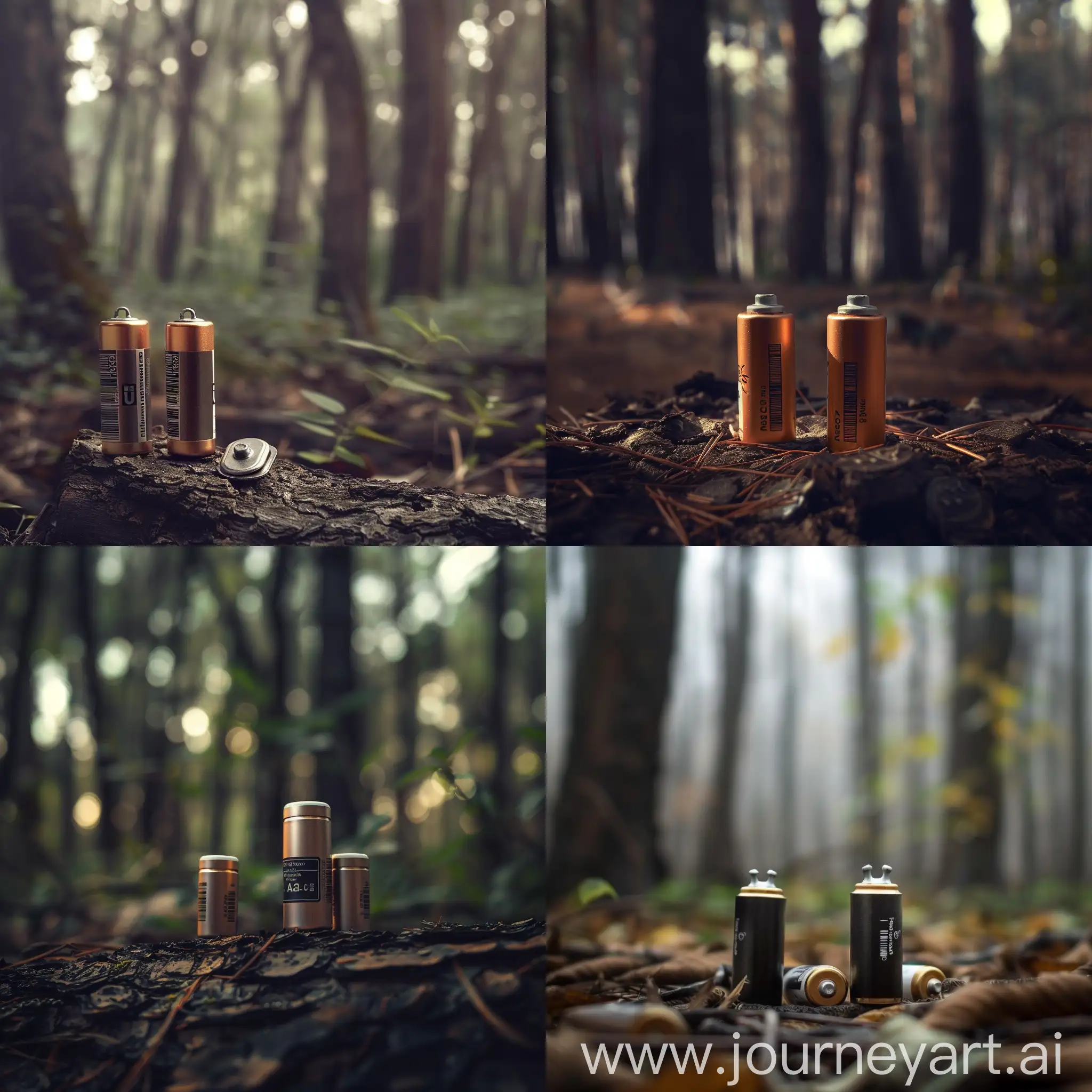 I want a photo that looks like a few aa batteries in a forest
