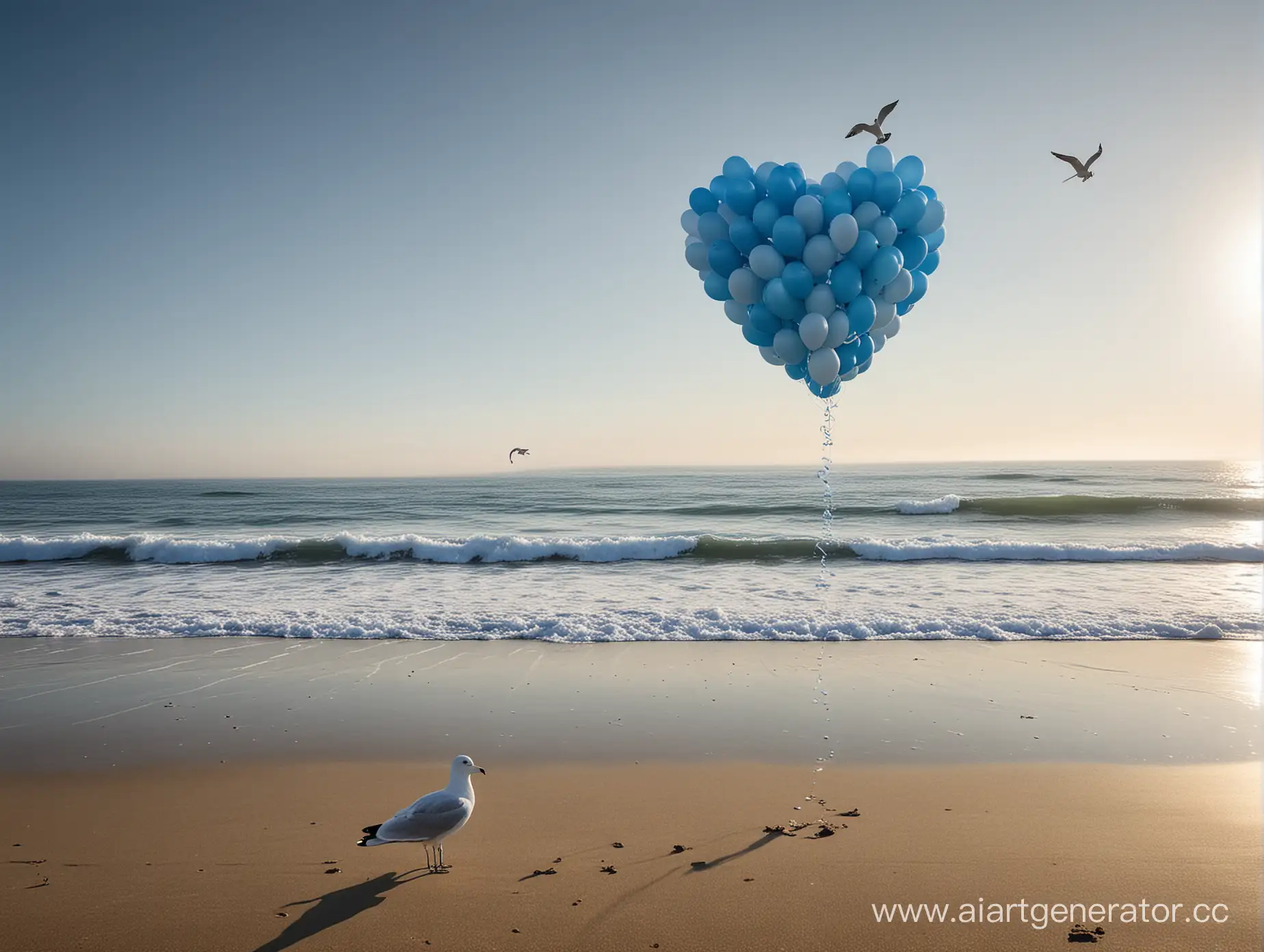 На этом изображении запечатлен безмятежный момент на пляже. горизонт. В этой спокойной обстановке можно увидеть фигуру чайки из воздушных шаров, пролетающую над интересным объектом в форме сердца, которое полностью состоит из воздушных шаров голубого и белого цвета.