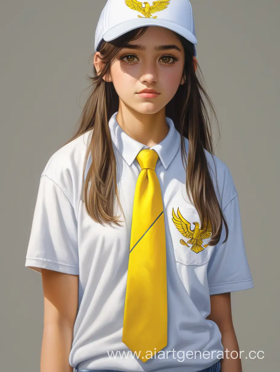 Девочка лет 18 в белой кепке с желтым орлятским галстуком, белая футболка, длинные волосы, шатенка, низкого роста