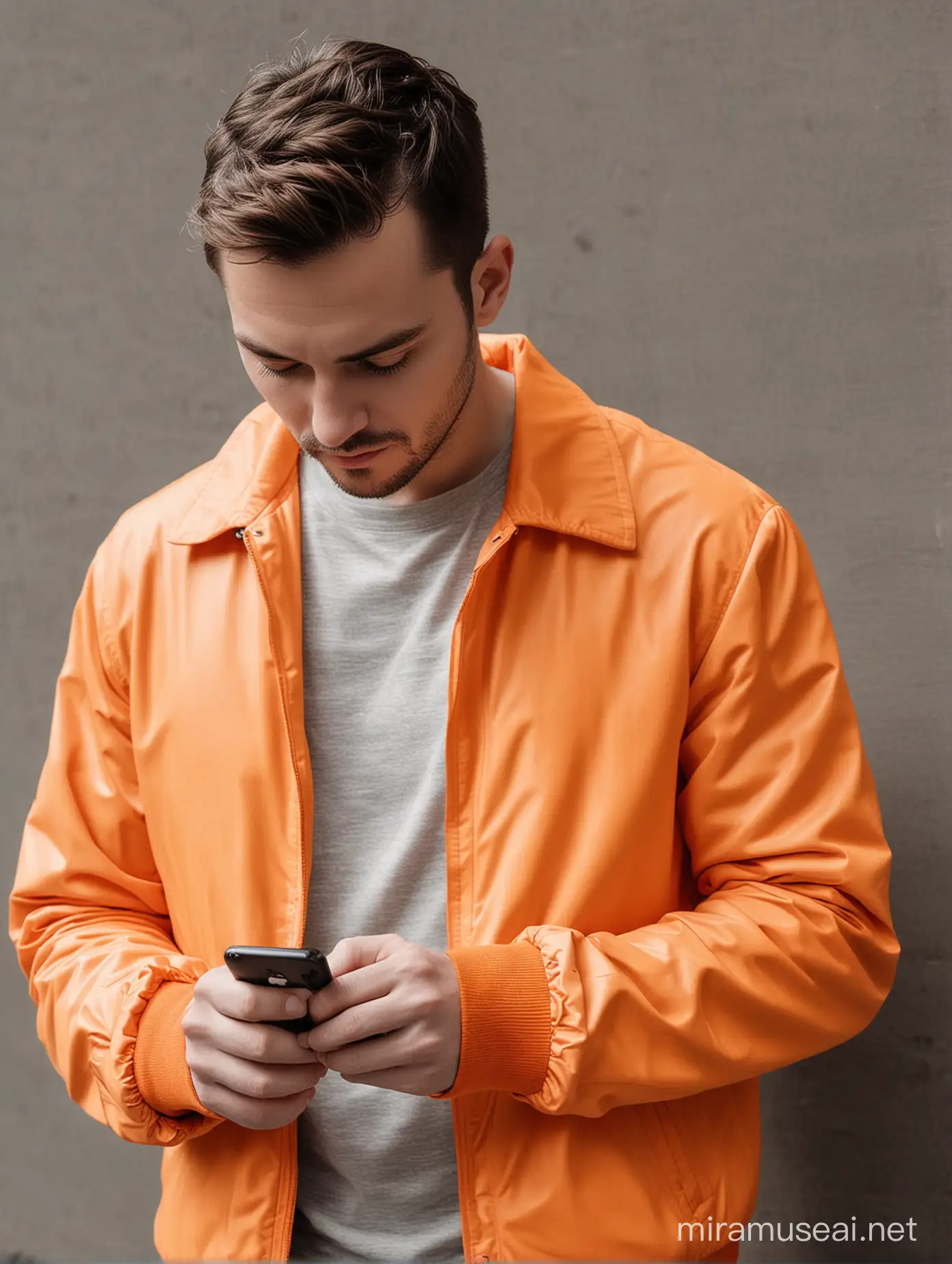 A man with an orange jacket is texting on his phone.