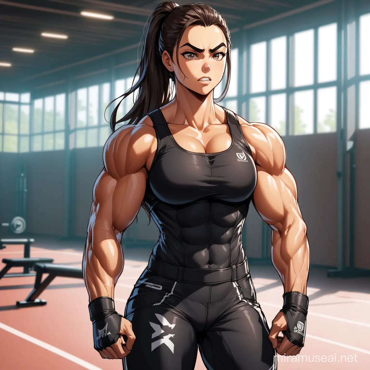 Intimidating Young Woman in Dark Athletic Wear Sofias Dominant Presence