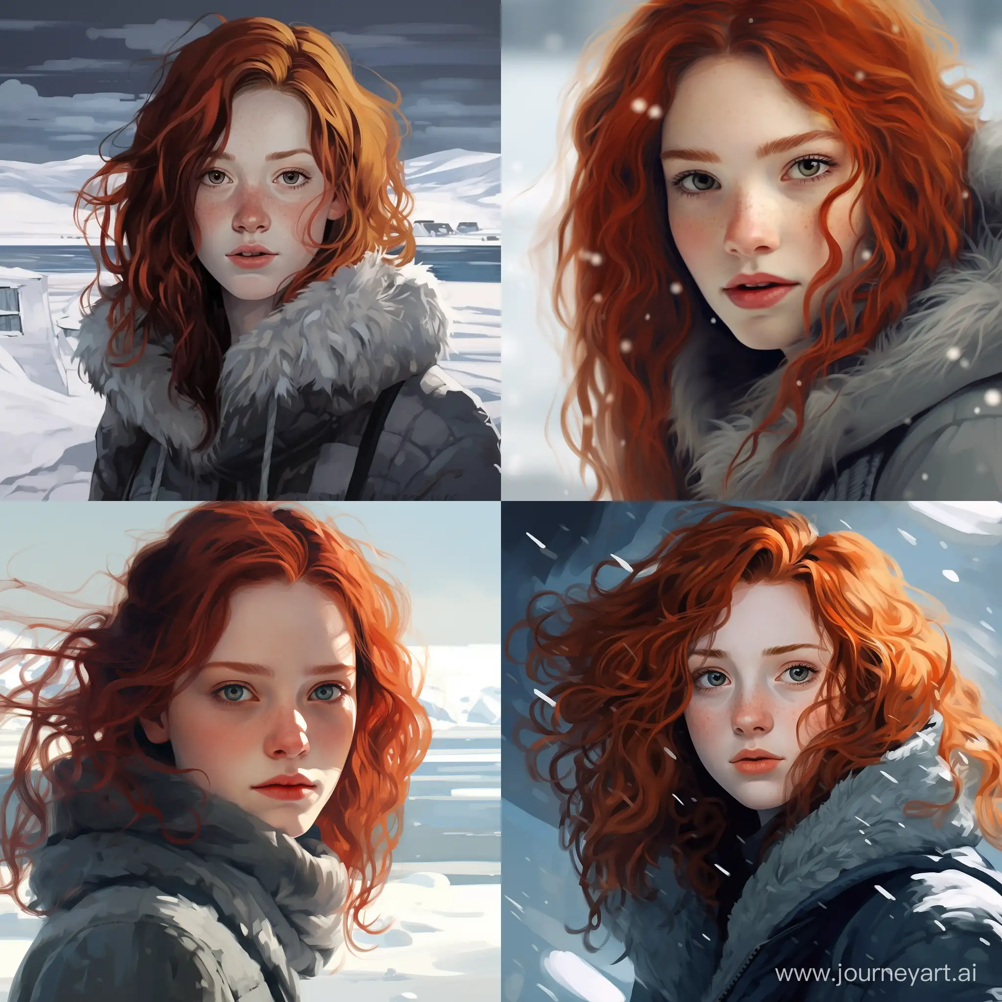 Beautiful girl, curly dark red hair, gray eyes, freckles, pale skin, teenager, 15 years old, soaked through, ocean, winter, in the ice of Antarctica, high quality, high detail, cartoon art