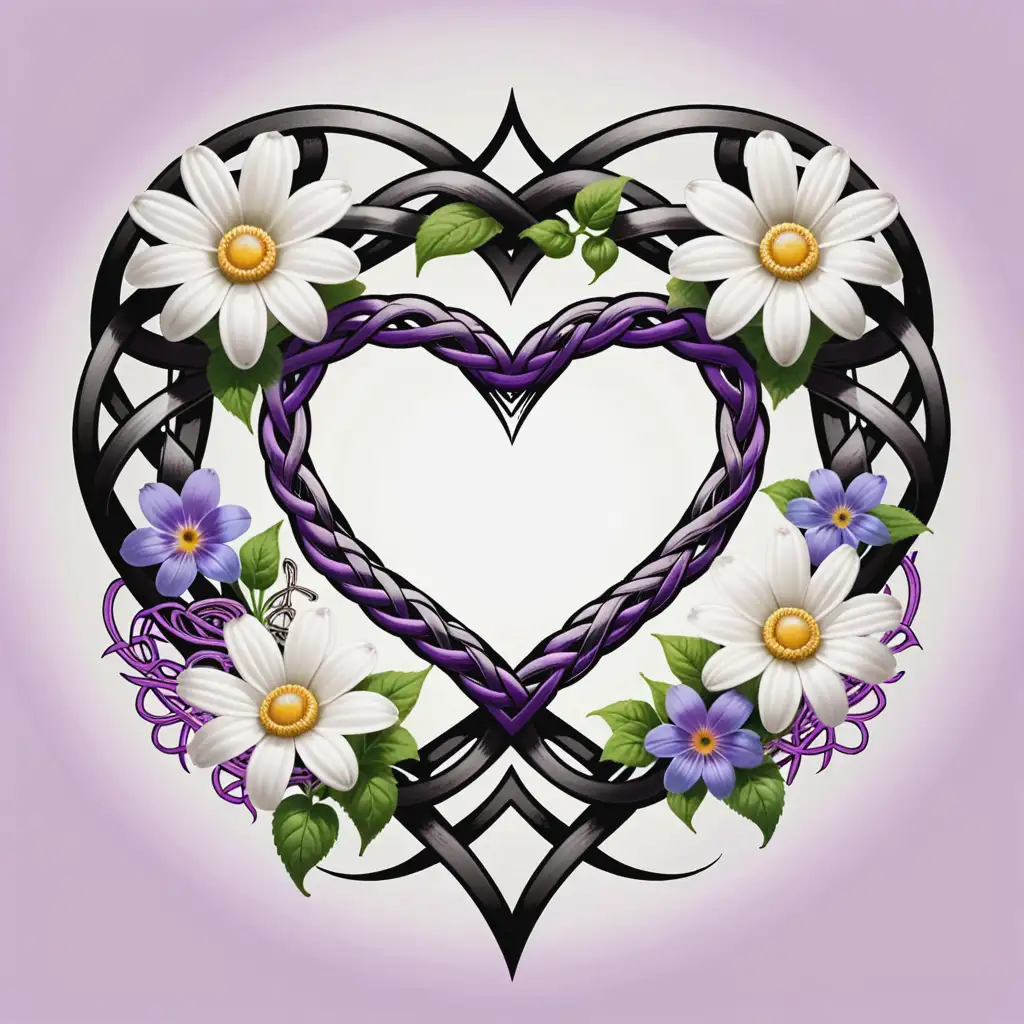 graphic celtic heart knot, twisted beauty, pure white daisies, purple morning glories, tattoo style