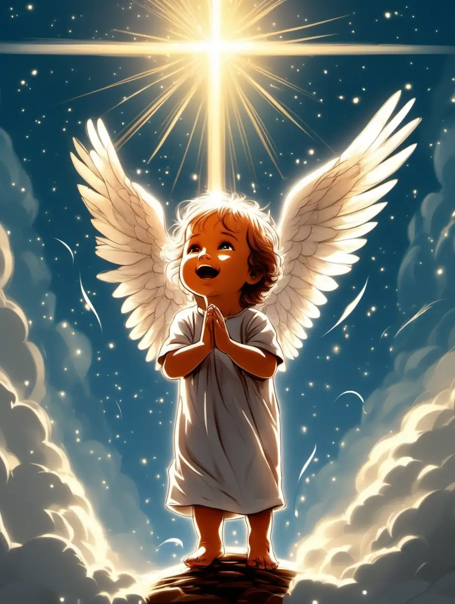 Child Praying to Angel with Faith and Light Feathers