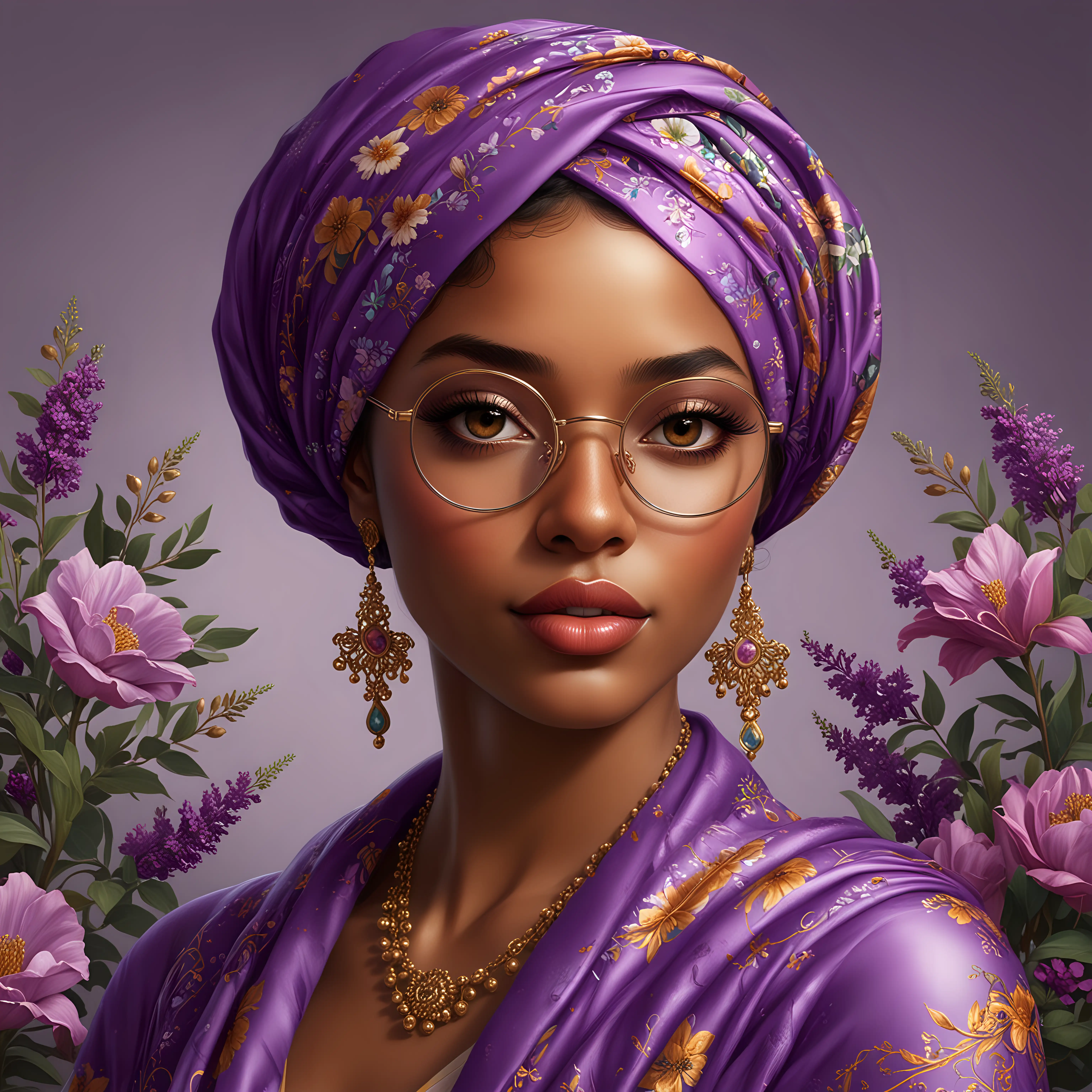 Sophisticated Female Portrait with Vibrant Headscarf and Elegant Glasses