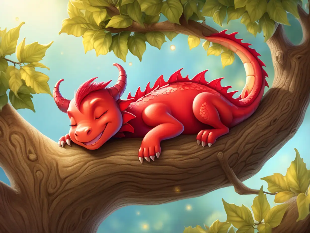 Adorable Little Red Dragon Sleeping Peacefully in a Tree