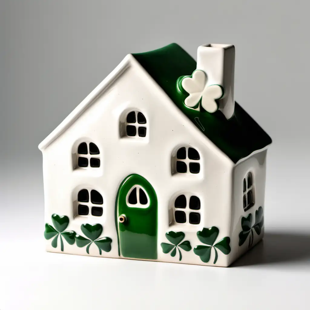 Charming Irish Ceramic House with Clover Accents on a Clean White Background