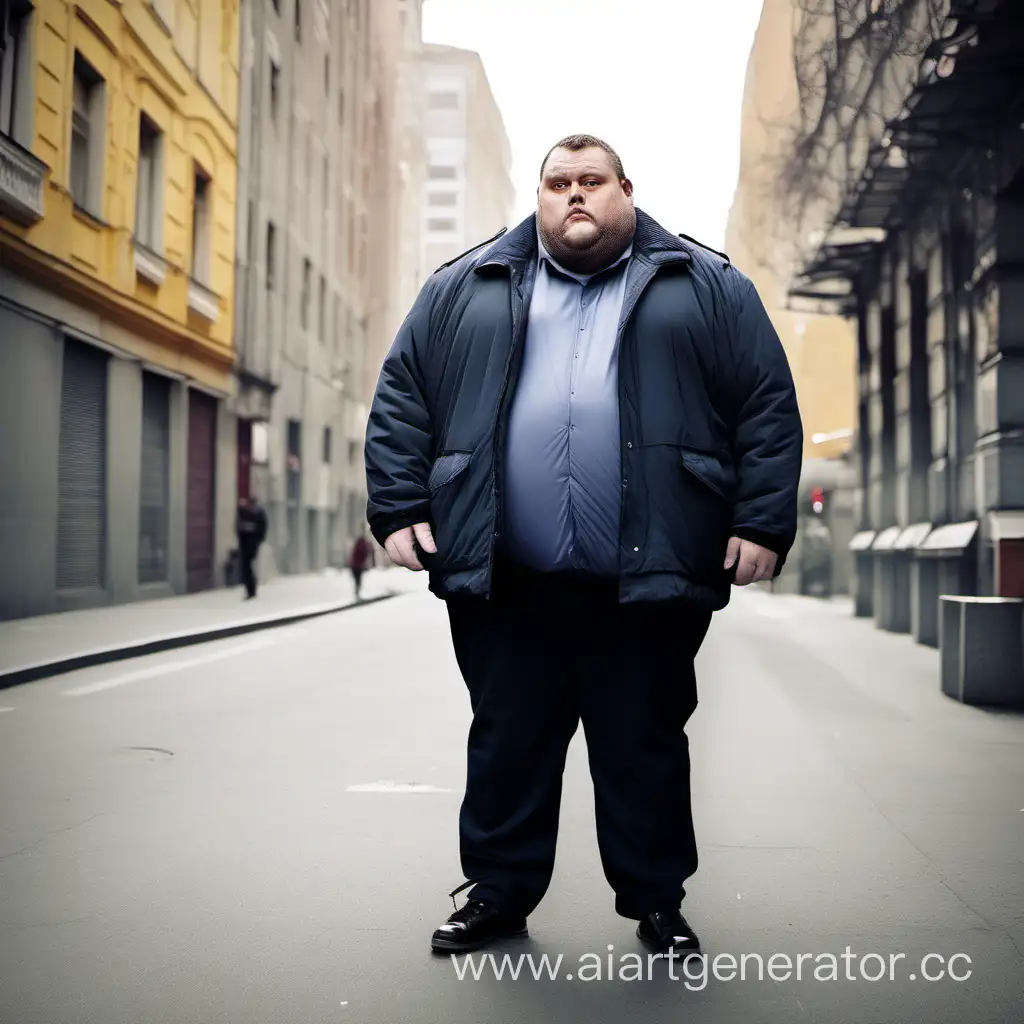 Очень толстый человек в пиджаке на улице