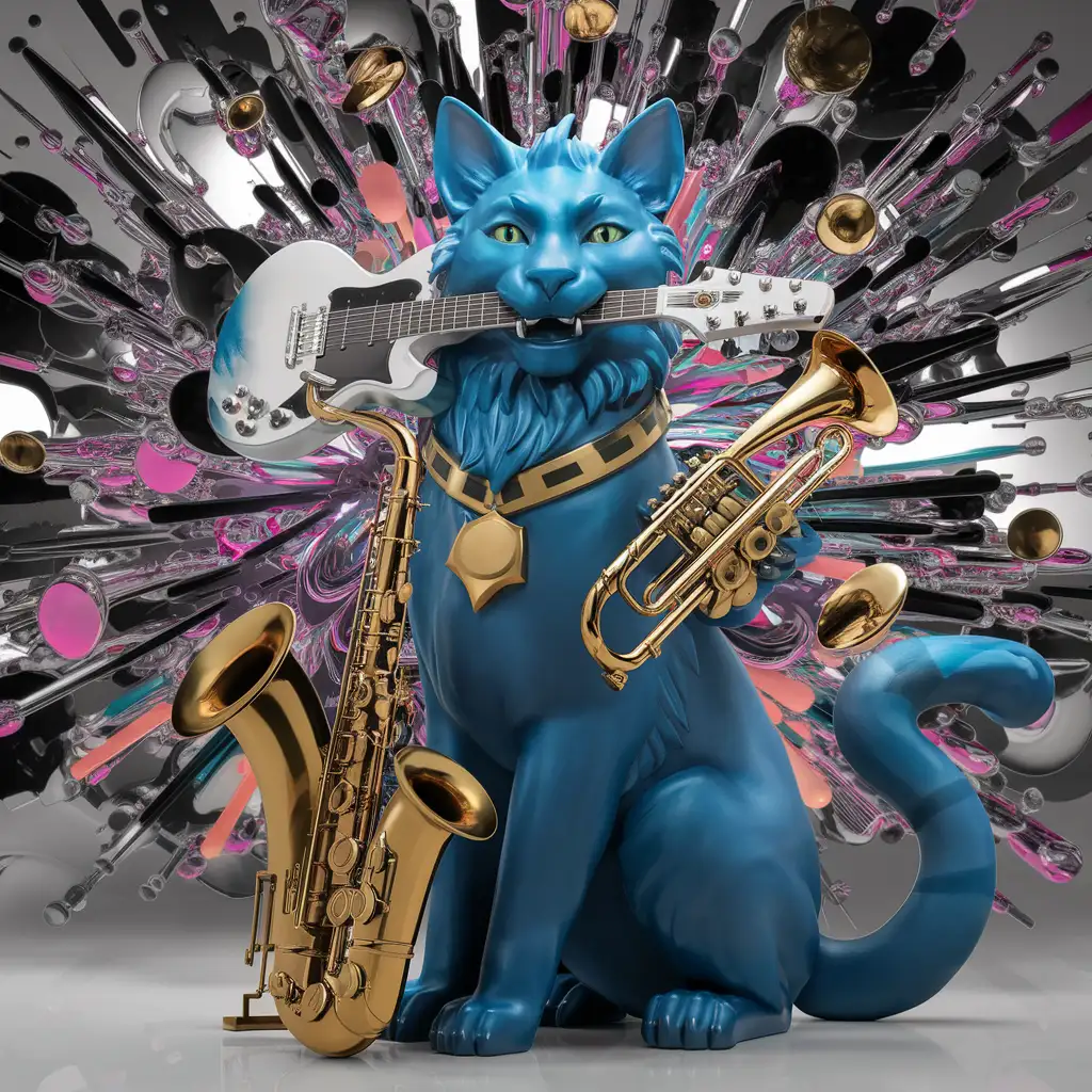 Majestic-Blue-Feline-with-Pop-Music-Instruments-Sculpture