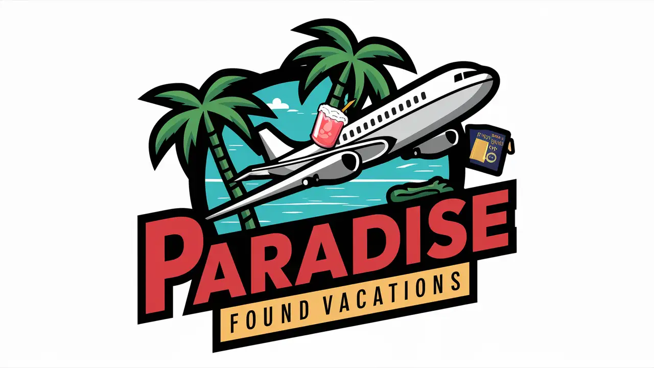 Generate a logo for Paradise Found Vacations.  palm trees, beach, airplane, passport, frozen drinks, Use the colors red, yellow, green and black.