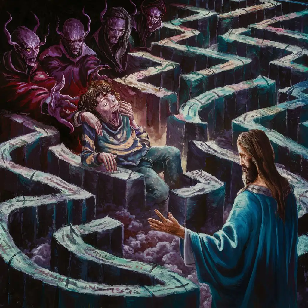 A surrealistic digital painting of a person lost in a maze of conflicting beliefs and false teachings, with sinister figures representing Satan leading them astray, while Jesus watches with compassion and understanding.