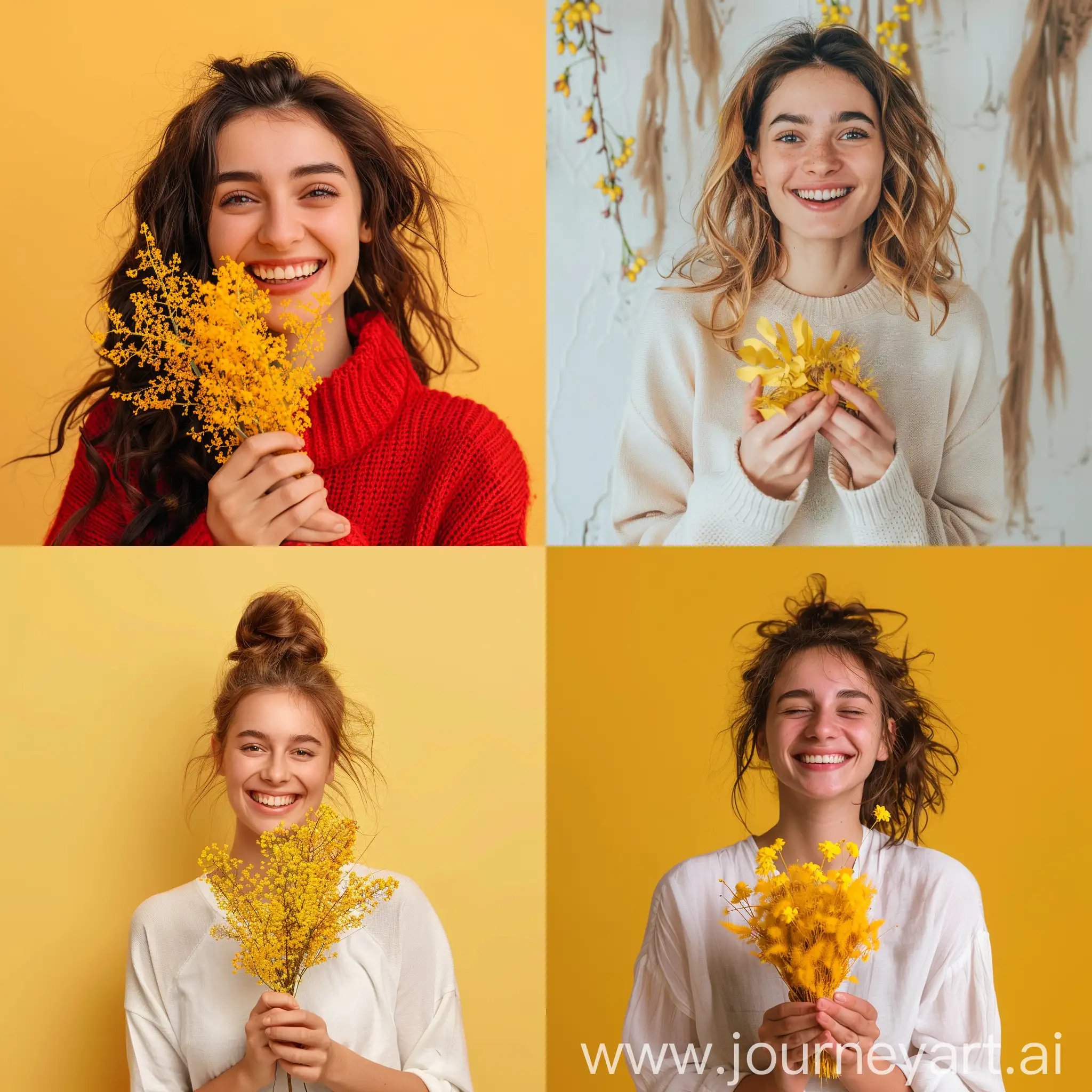 Happy young woman holding gifted golden wattle